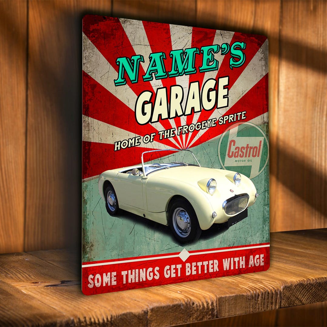 Personalised Frogeye Sprite Metal Wall Sign Car Custom Name Garage ...