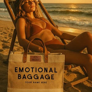 May include: A beige tote bag with the words "EMOTIONAL BAGGAGE" printed in black. The bag has brown leather handles and a small label that says "This Good". The bag is on a sandy beach.