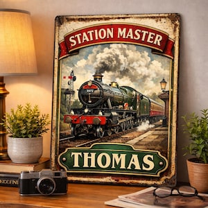 Personalised Station Master Metal Sign, Custom Steam Train Plaque, Railway Decor