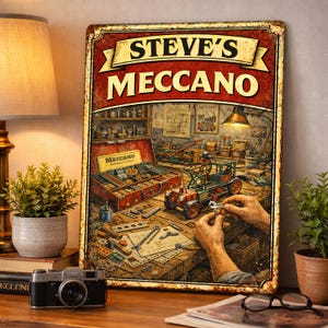 May include: A distressed metal sign featuring the text "STEVE'S MECCANO". The image shows a workshop with a Meccano set, tools, and a model car being assembled. The sign has a vintage, aged look with a red and brown color scheme.