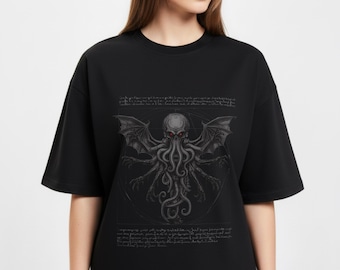 Camiseta vintage de Cthulhu / Divertida camiseta gótica de pulpo alienígena, camiseta gamer de terror de Lovecraft, sudadera con capucha de fantasía oscura y ocultismo