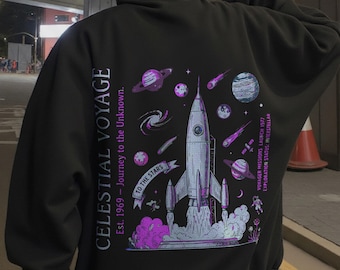 Sudadera con capucha Celestial Voyage Space, estampado de cohete retro en la espalda, homenaje a la Voyager 1977, sudadera vintage de ciencia ficción, ropa de calle extragrande.