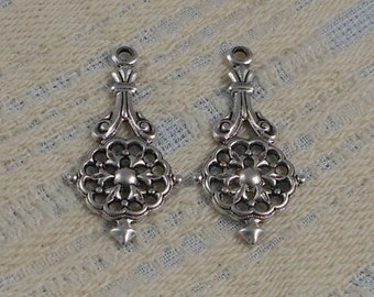 Antique Sterling Silver Filigree Ornate Pendant (2 pcs) 38x15mm S-5355-S