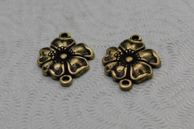 Small Oxidized Brass Filigree Dogwood Flower Stamping 2 Loop Connector 2 pc 14x11mm G-5849-B image 1