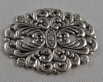 Antique Silver Filigree Oval Floral Focal Medallion (Qty 1) G-06699-B