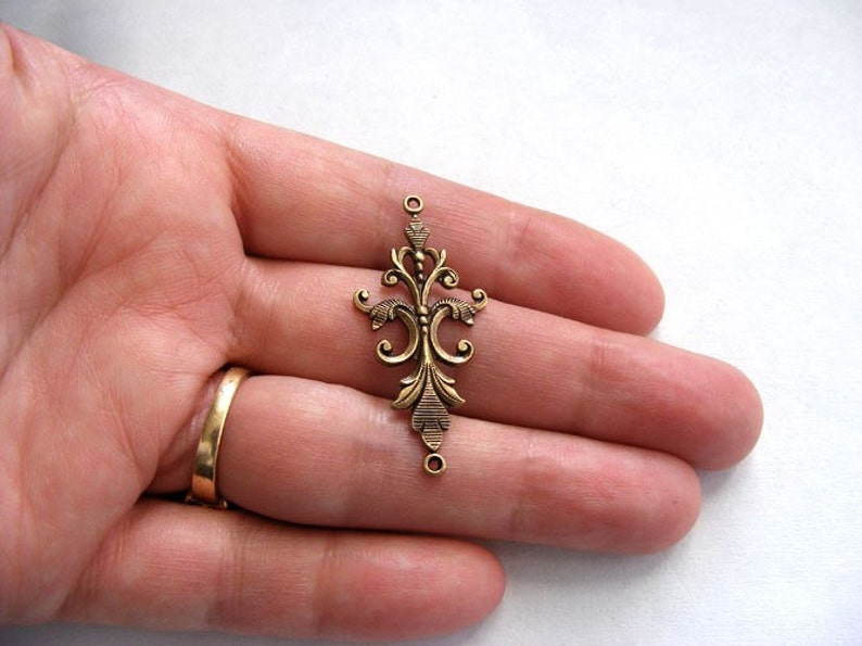 Oxidized Brass Filigree 2 Ring Connectors Solid 2pcs 40x18mm B97-VJS F-2985-2 image 3