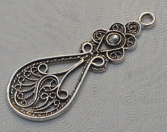 Antique Sterling Silver Plated Brass Filigree European Cast Pendant (1 pc) 39x14mm B-14953-S