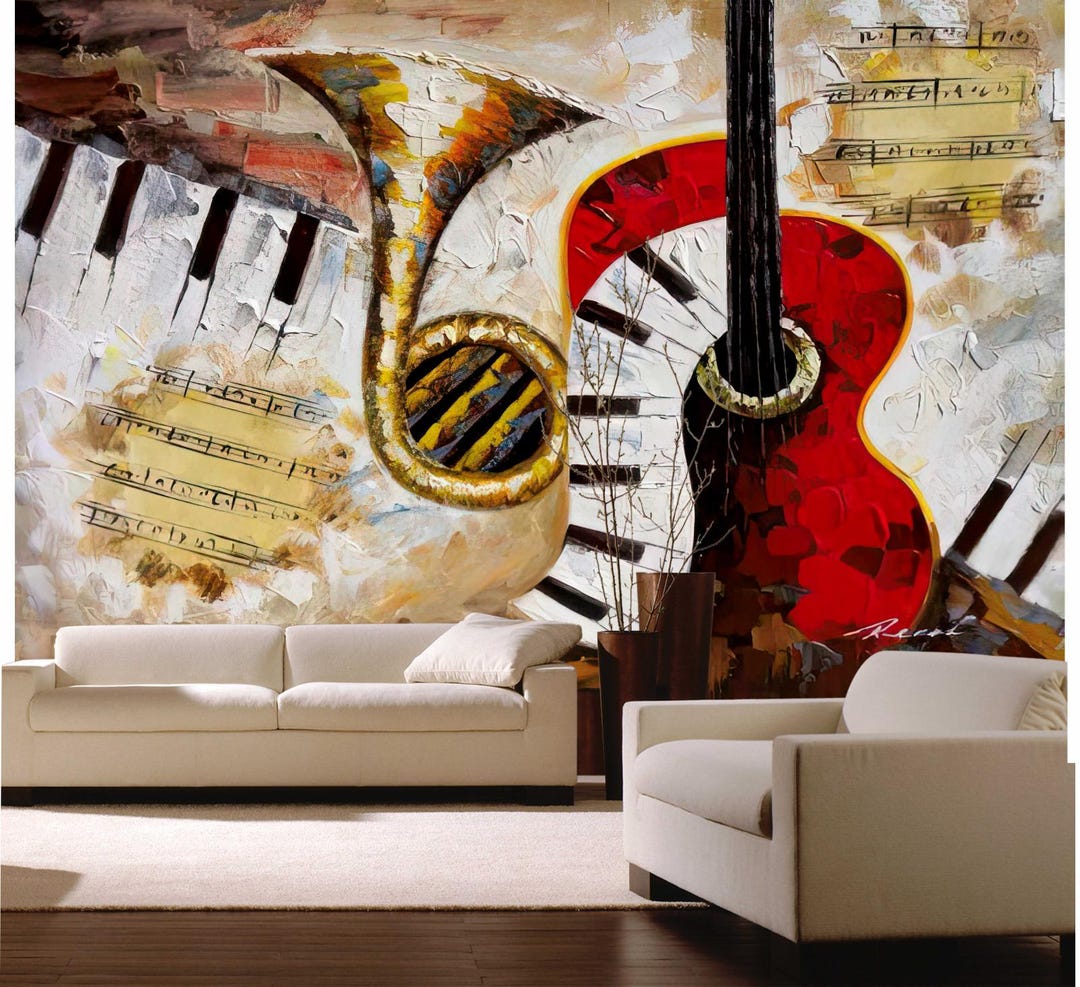 Abstract Musical Instruments Wallpaper: Hand Painted Guitar, Saxophone ...