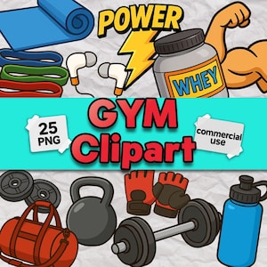 GYM Clipart Pack – 25 PNG + JPEG – Fitness, Workout and Gym Equipment Illustrations