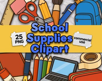 Clipart Fournitures Scolaires – 25 PNG & JPEG – Illustrations Mignonnes d'objets de Classe pour Créations Éducatives et Planner
