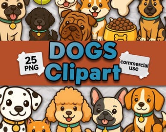 Hunde-Cliparts – 25 süße Kawaii-Hunde-Illustrationen im PNG- und JPEG-Format zum Basteln, für Sticker und Planer