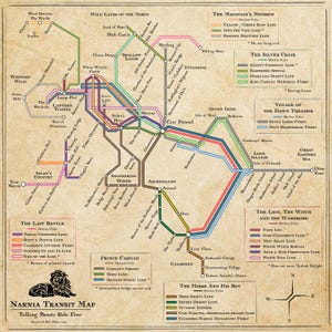 Pode incluir: Um mapa em estilo vintage do sistema de trânsito de Nárnia, com linhas coloridas representando várias rotas. O mapa inclui locais como Cair Paravel e Calormen, com rótulos de texto e uma ilustração de um leão. O título diz "Narnia Transit Map."
