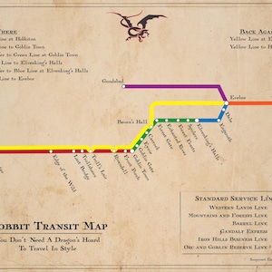 Puede incluir: Un mapa de tránsito de estilo vintage, titulado "Hobbit Transit Map", con líneas de colores que representan diferentes rutas. El mapa presenta lugares como Hobbiton y Erebor, con el texto "You Don't Need A Dragon's Hoard To Travel In Style."
