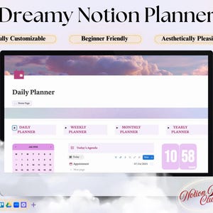 Könnte beinhalten: Ein Computerbildschirm mit der Benutzeroberfläche eines "Dreamy Notion Planner". Der Planer bietet Bereiche für Tages-, Wochen-, Monats- und Jahresplanung, mit Kalender und Zeitanzeige. Das Design verwendet Lila- und Weißtöne. Text: "Vollständig anpassbar".