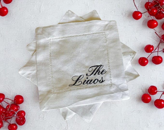Custom Embroidered Linen Cocktail Napkins: Personalized Script Name