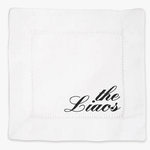Custom Family Name Embroidered Linen Cocktail Napkin | Personalized Housewarming Gift