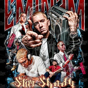 May include: A graphic design featuring multiple images of Eminem, with the word "EMINEM" in large red letters at the top. The words "Slim Shady" are displayed in a stylized font at the bottom, with the text "This opportunity comes once in a lifetime!"