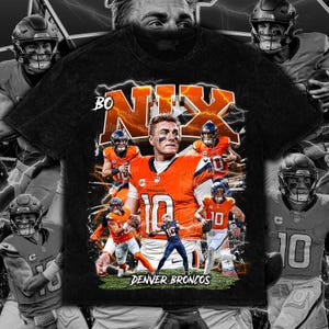 May include: Black t-shirt with a graphic of a football player in an orange uniform, number 10. The shirt features the text "NIX" and "Denver Broncos" in orange. The design includes images of other players and lightning bolts.