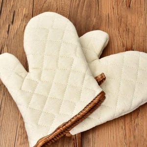 Cotton Oven Mitts, Rustic White Kitchen Gloves Whit Brown Trim, Heat Resistant, Baking Accessories, Cooking Gifts, Perfect Host Gift