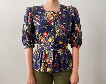 1980s Floral Silk Peplum Blouse–M