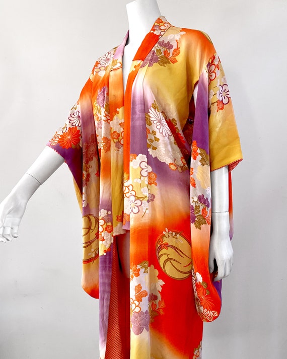 Vintage 40s/50s Turquoise & Pink Floral Komon Kimono w/ Waist Tie