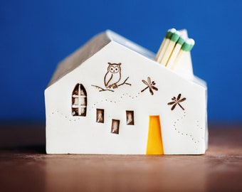 White Ceramic Match Striker - Miniature House with Owl, Dragonflies, Moon and Stars - Unique Gift