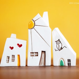 Small Whimsical Ceramic Houses with Owl, Sunshine aind Hearts - Happy Altar Decor