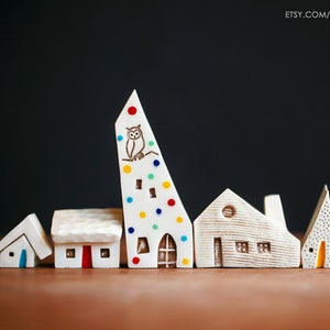 Tiny Ceramic Xmas Village with Red Polka Dot Lights Handmade