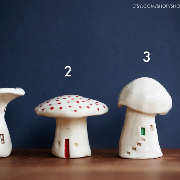 White Ceramic Mushroom Houses with Red Dots - Fungi Gift Housewarming