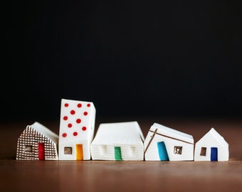 Mini Rainbow Ceramic Village with Cats and Red Polka Dots