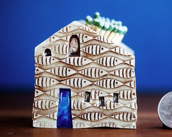 Modern Whimsical Fish Pattern Ceramic House Match Striker - Mantle Decor / Cabin Gift