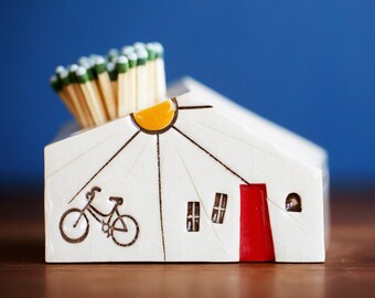 White Ceramic Match Striker - Miniature House with Bicycle and Sunshine - Unique Mom Cyclist Gift