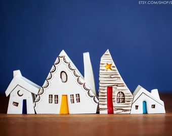 Joyful Whimsical Ceramic Houses with Stars, Moon, Sunshine - Montessori Natural Pretend Play Toy