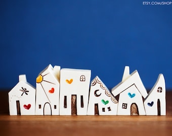 Miniature White Ceramic Houses with Rainbow of Hearts - Dragonfly & Sunshine - Mothers Day Gift Idea