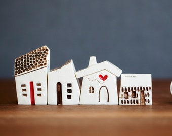 Small Whimsical Ceramic Houses with Heart and Pebble Texture - Happy Handmade Gift