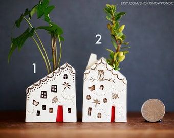 Small Fairy Ceramic Houses - Bud Vase / Pen Holder with Sunshine, Owl and Butterflies - Teacher Gift Idea