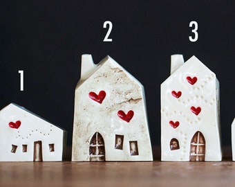 White Ceramic Stone Heart Houses - Stucco Style / Thank You / Love Gift