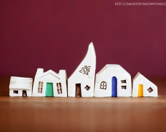 Small Rainbow Ceramic Village with Bee and Hearts and Cats - Tiny Art