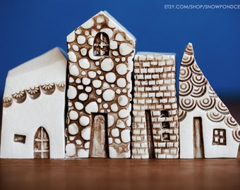 Old World Style Miniature White Ceramic Houses - Handmade Cat Lady / Catsitter Gift