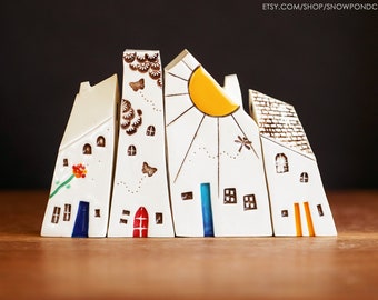 STORY VILLAGE - Whimsical Ceramic Houses of the Seasons - Summer, Fall, Winter, Spring - Happy Handmade Gift