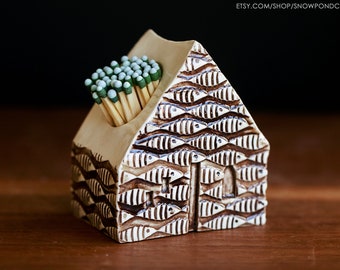 Modern Whimsical Fish Pattern Ceramic House Match Striker - Mantle Decor / Cabin Gift