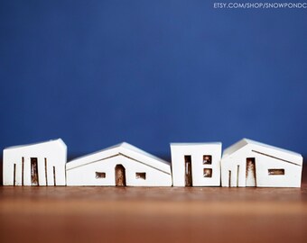 Modern Mid Century Miniature White Ceramic Houses - Housewarming Gift