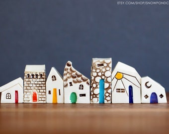 Miniature White Ceramic Houses with Rainbow of Doors - Modern Tiny Village with Cobblestones and Sunshine