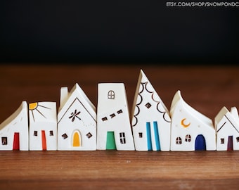 Tiny Ceramic Rainbow House Village - Handmade Quirky Town - Unique Gift Idea