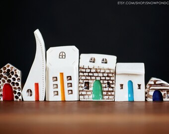 Miniature White Ceramic Houses with Rainbow of Doors - Modern Tiny Village - Birthday Gift Idea