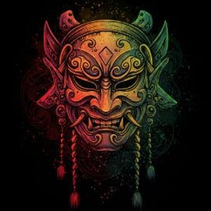 Colorful Oni Mask Art Print – Japanese Demon Mask Illustration, Tribal Tattoo-Inspired Wall Art, Rainbow Gradient Decor
