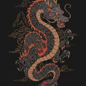 Rot und Gold Orientalischer Drachen Art Print - Traditionelle Japanisch Chinesische Mythos Wanddekoration - Mythisches Tattoo Style Poster