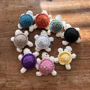 May include: A collection of handmade crochet turtles in various colors, including teal, orange, green, tan, purple, pink, and yellow. Each turtle has a textured shell and white limbs and head. The turtles are arranged on a wooden surface.