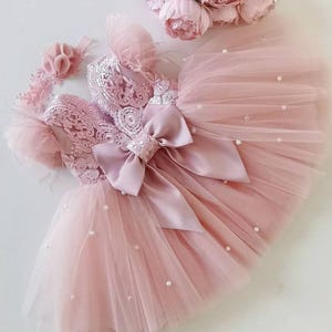 Robe de demoiselle d&#39;honneur, robe de demoiselle d&#39;honneur en dentelle, robe rose, robe de demoiselle d&#39;honneur rose poudré, robe de vacances, robe de fille d&#39;honneur en tulle avec perles, robe d&#39;anniversaire