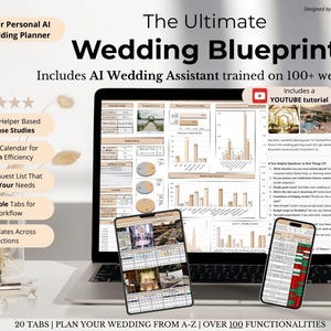 以下が含まれることがあります： ウェディングプランの青写真を表示するラップトップと2台のスマートフォン。テキストは「The Ultimate Wedding Blueprint」と書かれており、AIウェディングアシスタントやYouTubeチュートリアルなどの機能が含まれています。画像には「20 TABS | PLAN YOUR WEDDING FROM A-Z | OVER 100 FUNCTIONALITIES」も表示されています。